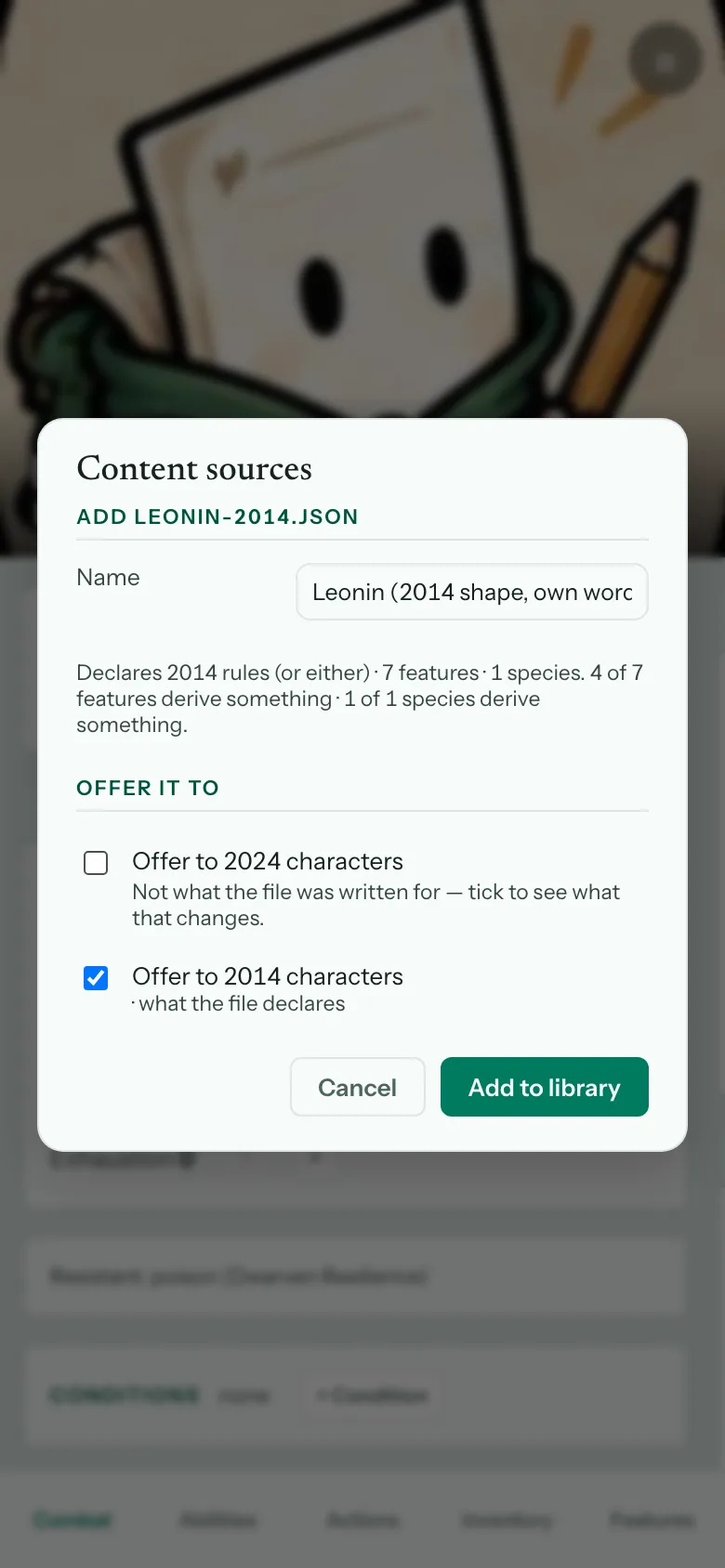The Content sources dialog previewing a homebrew file: its name, what it declares, how many features derive something, and which ruleset to offer it to.