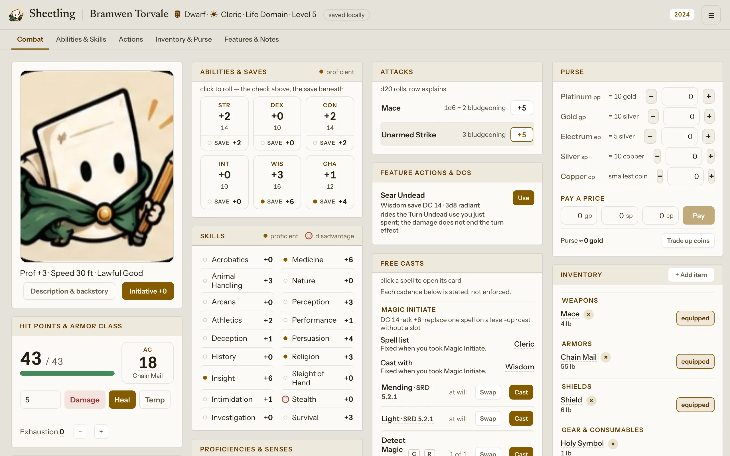 The play sheet on a laptop: portrait and hit points on the left, abilities and skills, attacks and spells, purse and inventory across the width.