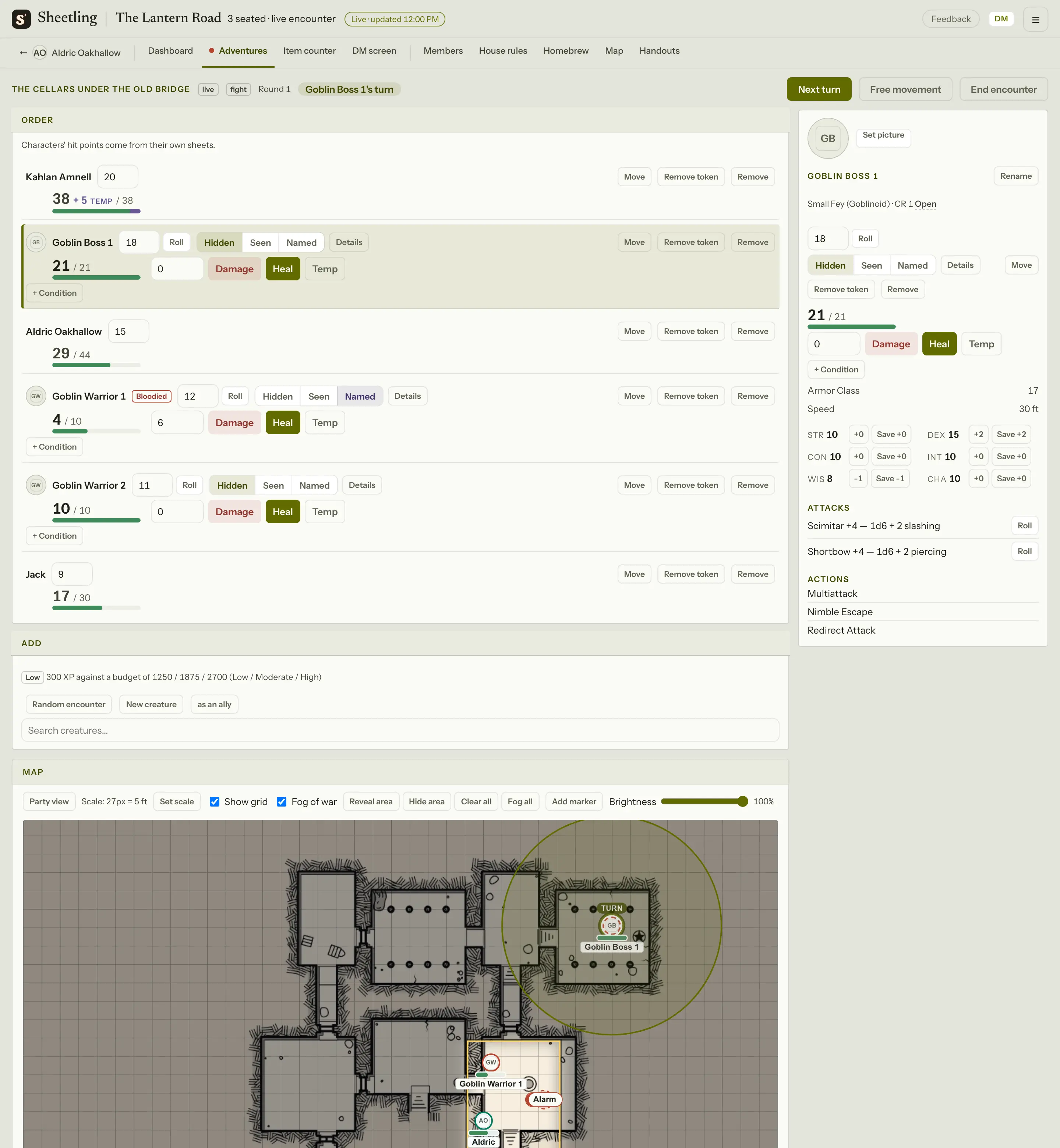The encounter screen one turn in: the order with initiative and hit points, a Goblin Boss's card open at the side, and the non-AI cellar map below with its aligned grid, fog and tokens.