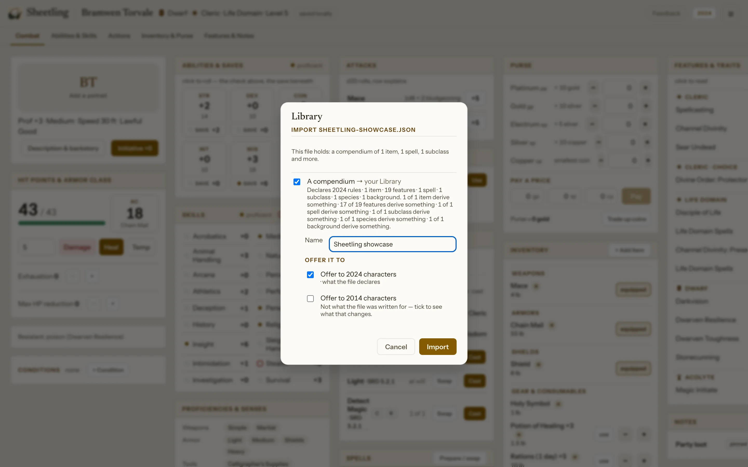 The import preview for the showcase file: what it holds, and where each part goes.
