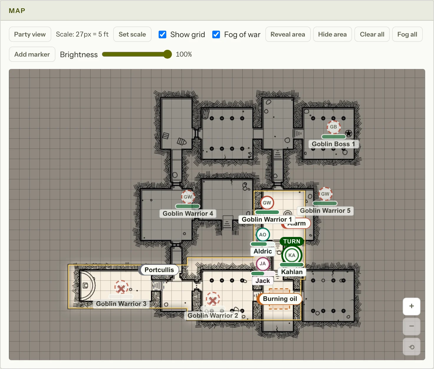 The DM's Map card over an orthogonal cellar: the aligned 5-ft grid, a connected explored route from the west, two defeated goblins, a guard ahead and three creatures waiting under fog.