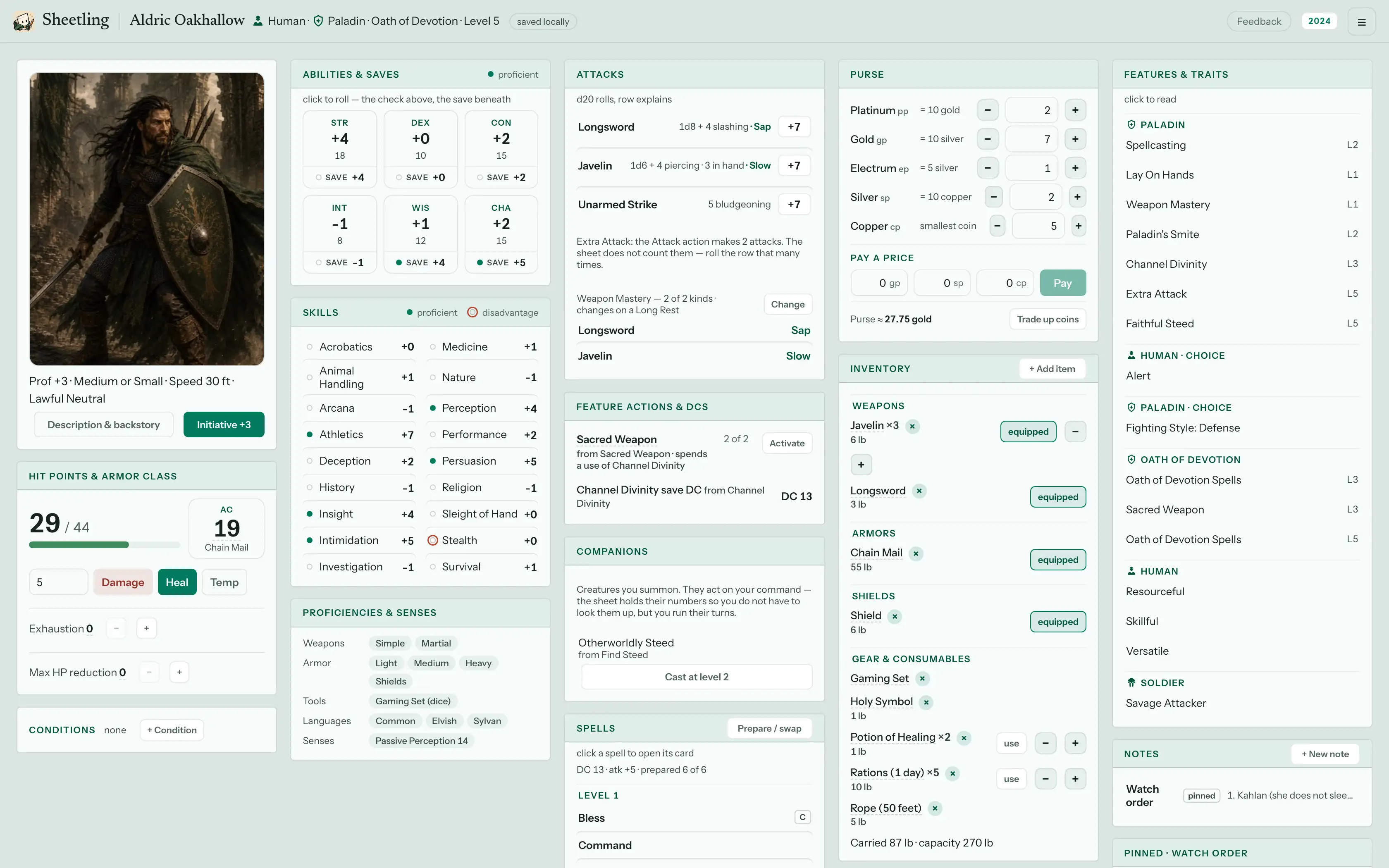 A character's sheet on a wide screen: the portrait leading the Combat column, the five sections side by side.