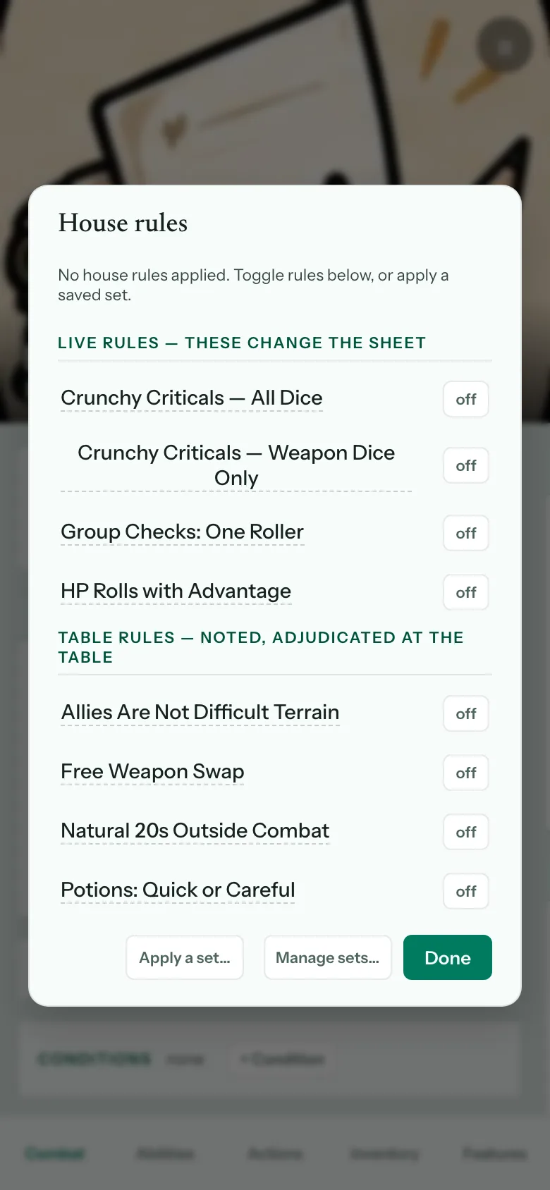 The House rules dialog: live rules that change the sheet and table rules that are noted, each with an on-off toggle, plus Apply a set and Manage sets buttons.