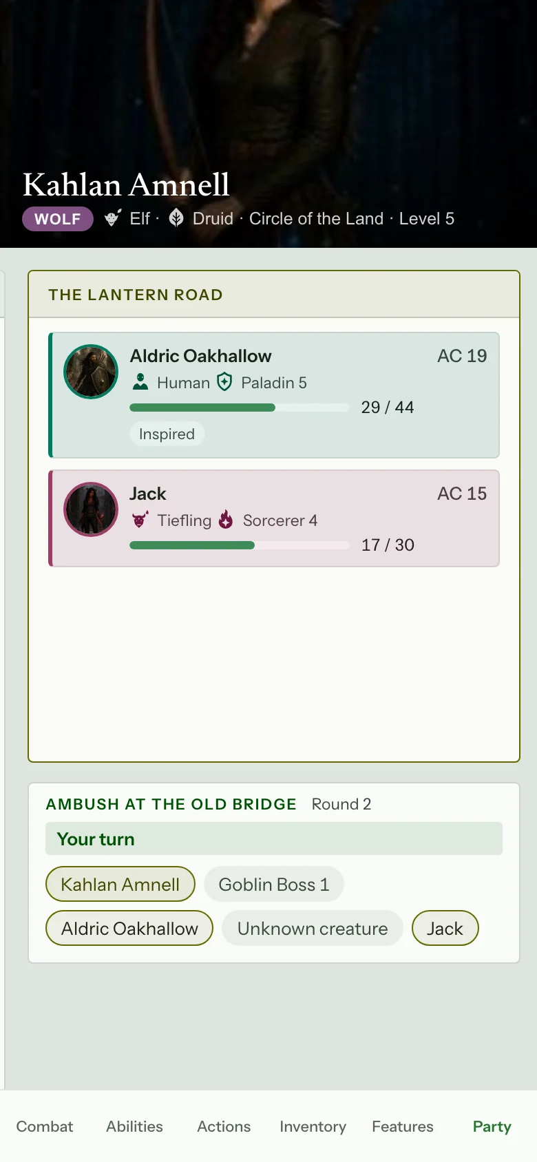 A player's phone during an encounter, showing the party, the round, whose turn it is and only the creatures the DM has revealed.